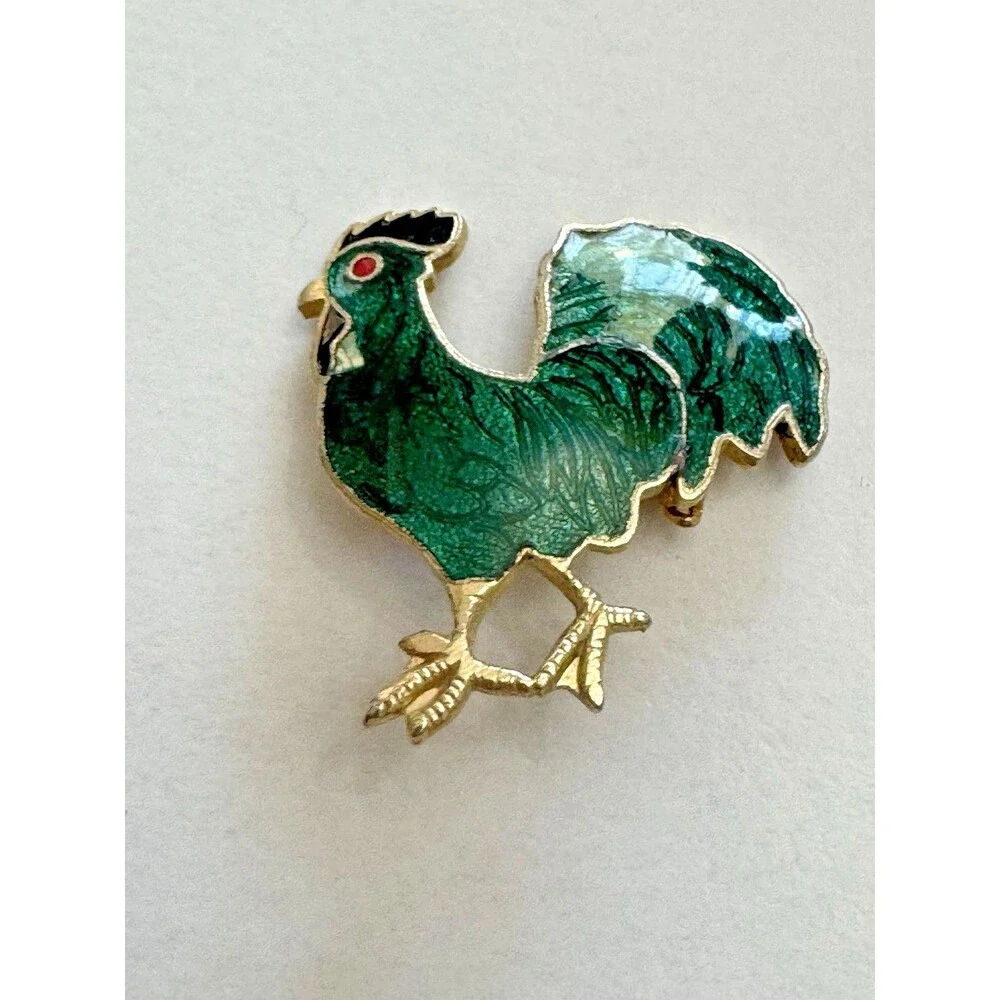 Vintage Green Enamel Rooster Brooch – 1.75 Inches